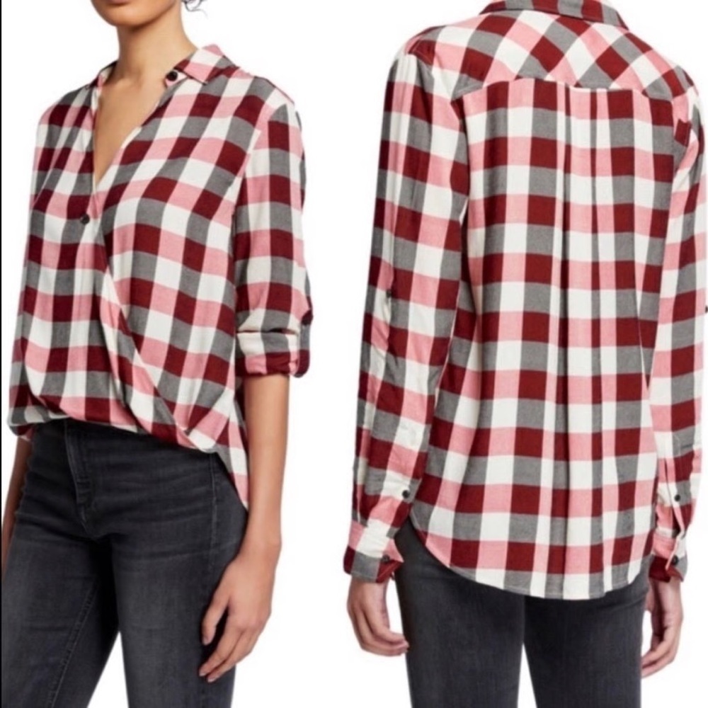Rag & Bone Camille Top‎ Drape Front High Low Plaid Checkered size Large